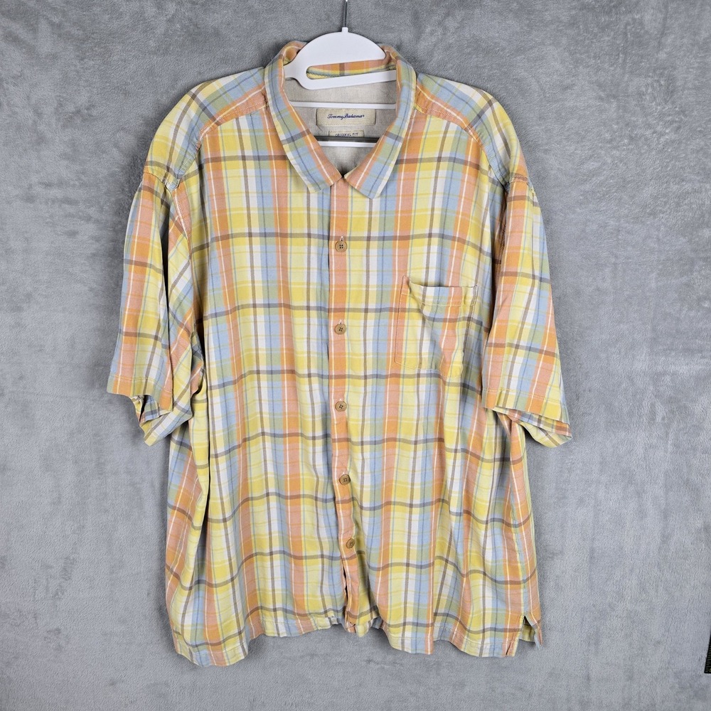 Tommy Bahama Mens XXL 100% Silk Short Sleeve Plaid Button Down Shirt Yellow Blue